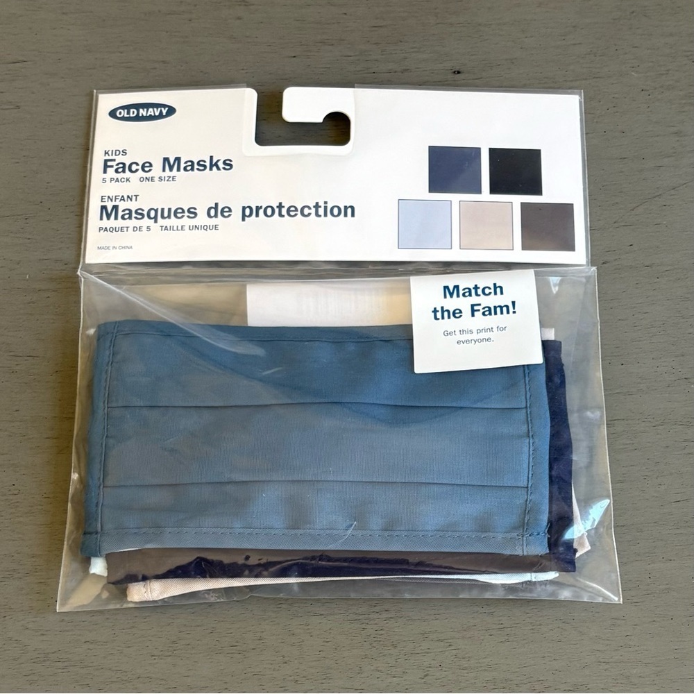 Old Navy KIDS Face Mask Pack of 5 Unisex One Size 100% Cotton Washable NWT